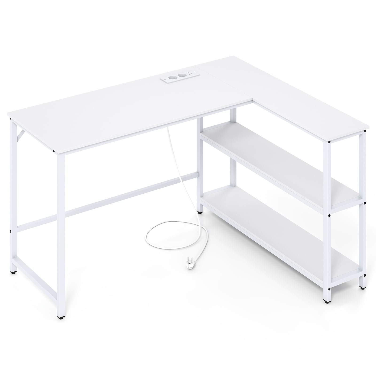L-formet skrivebord med ladestation og hylder – hvid