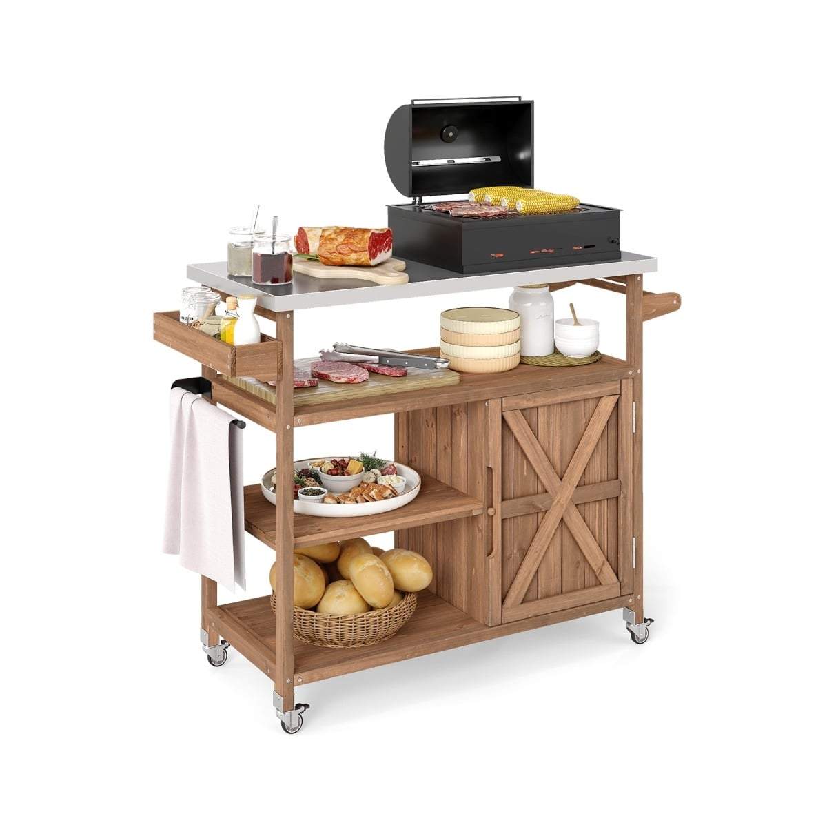 Udendørs køkkenø – Grillvogn i rustfrit stål og træ
