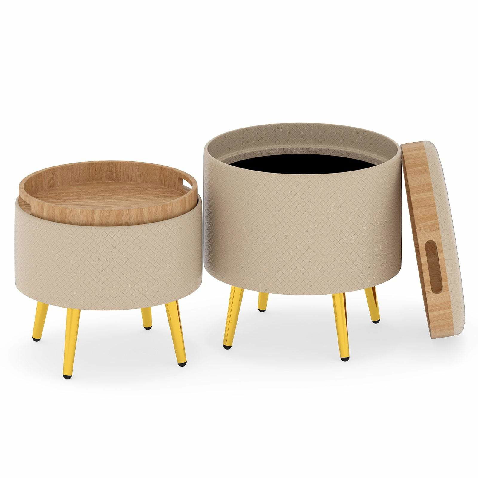 Runde opbevaringsfodskamler – kunstlæder, beige, alsidige