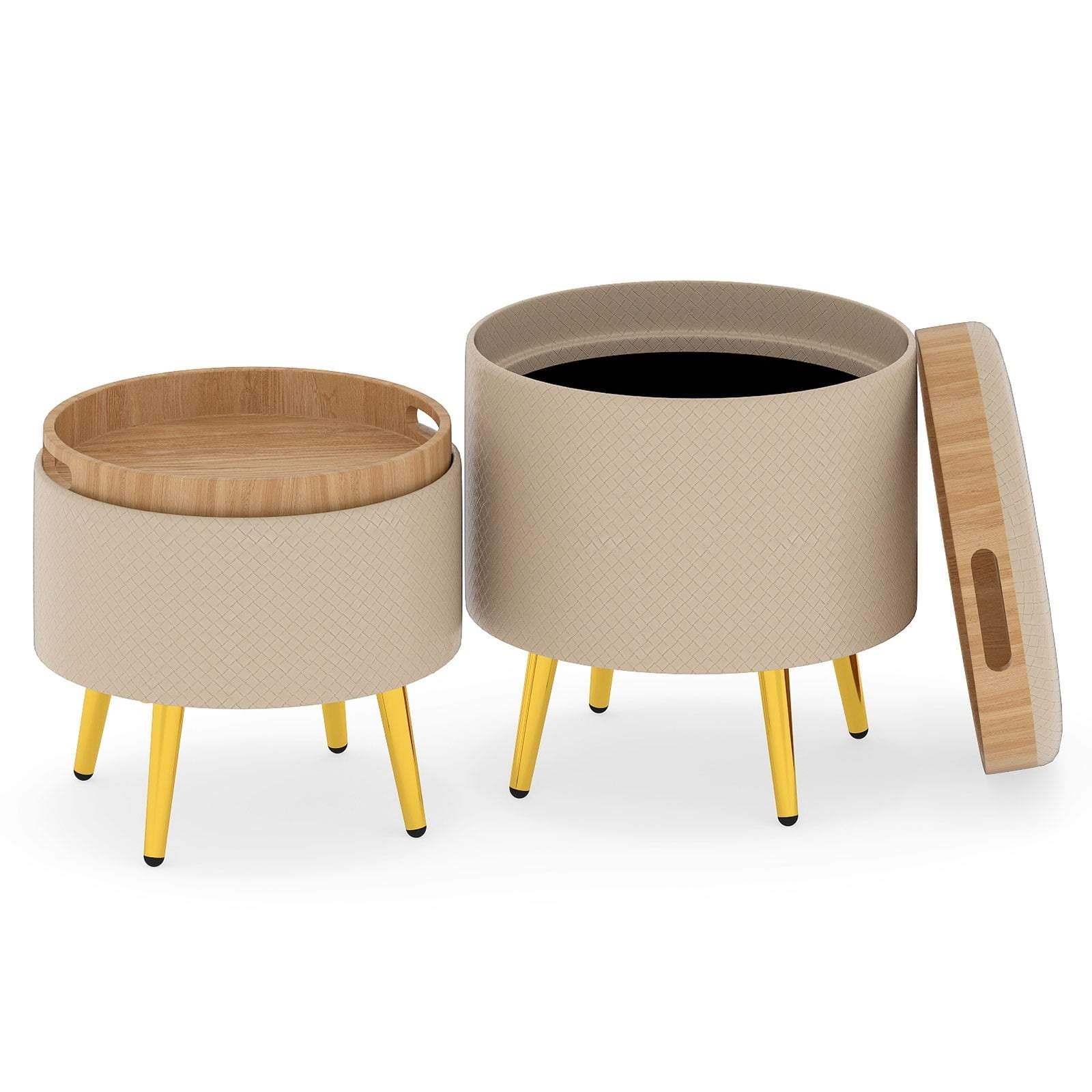 Runde opbevaringsfodskamler – kunstlæder, beige, alsidige