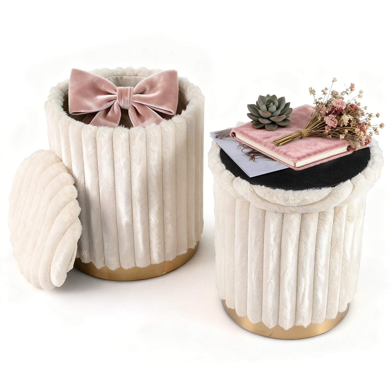 Ottomanset med förvaring – Konstgjord kaninpäls, Beige, 2-delad | Hem & Hobby | Pryloteket