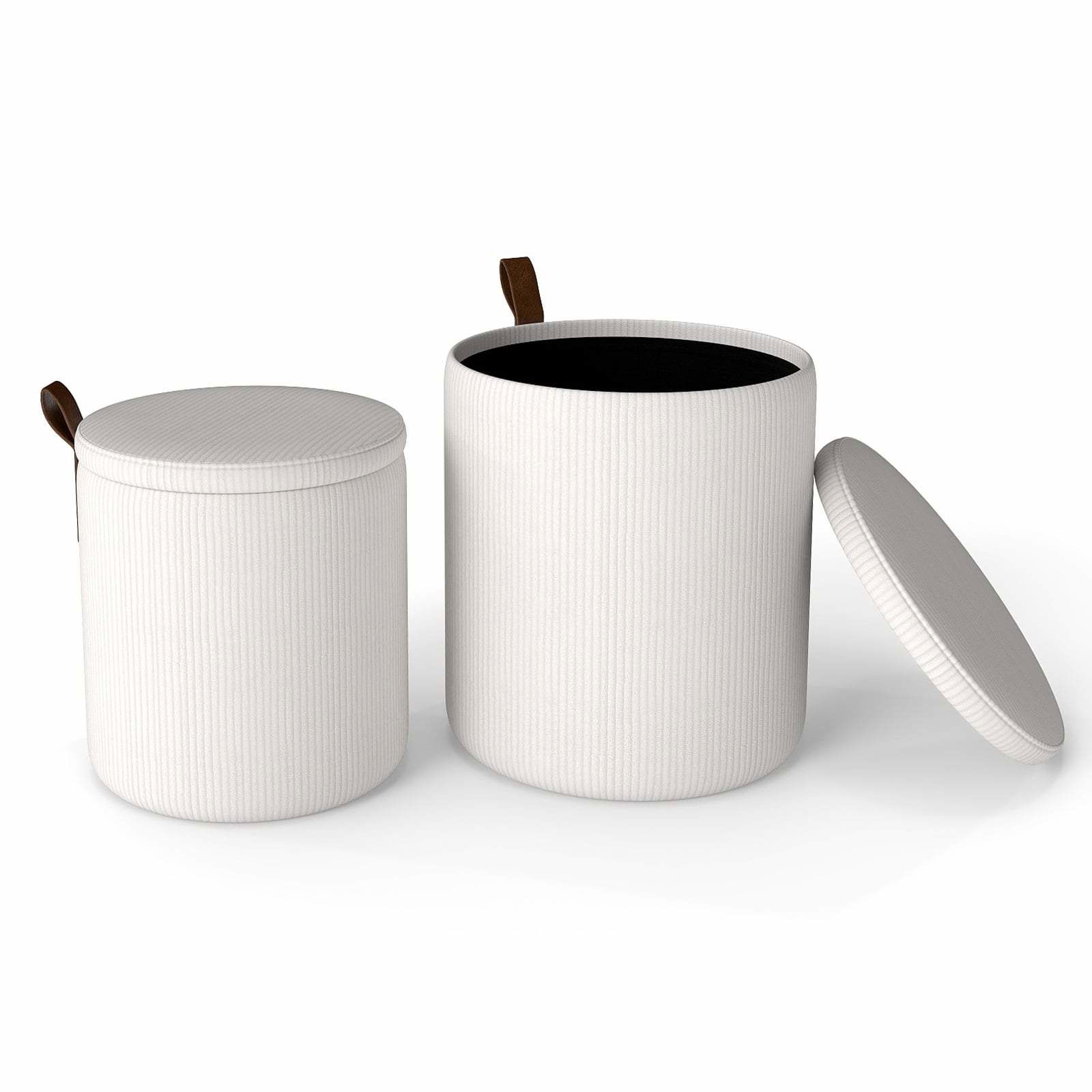 Rundt fodskammelsæt med opbevaring – indskudsseng, fløjlsbukser, hvid