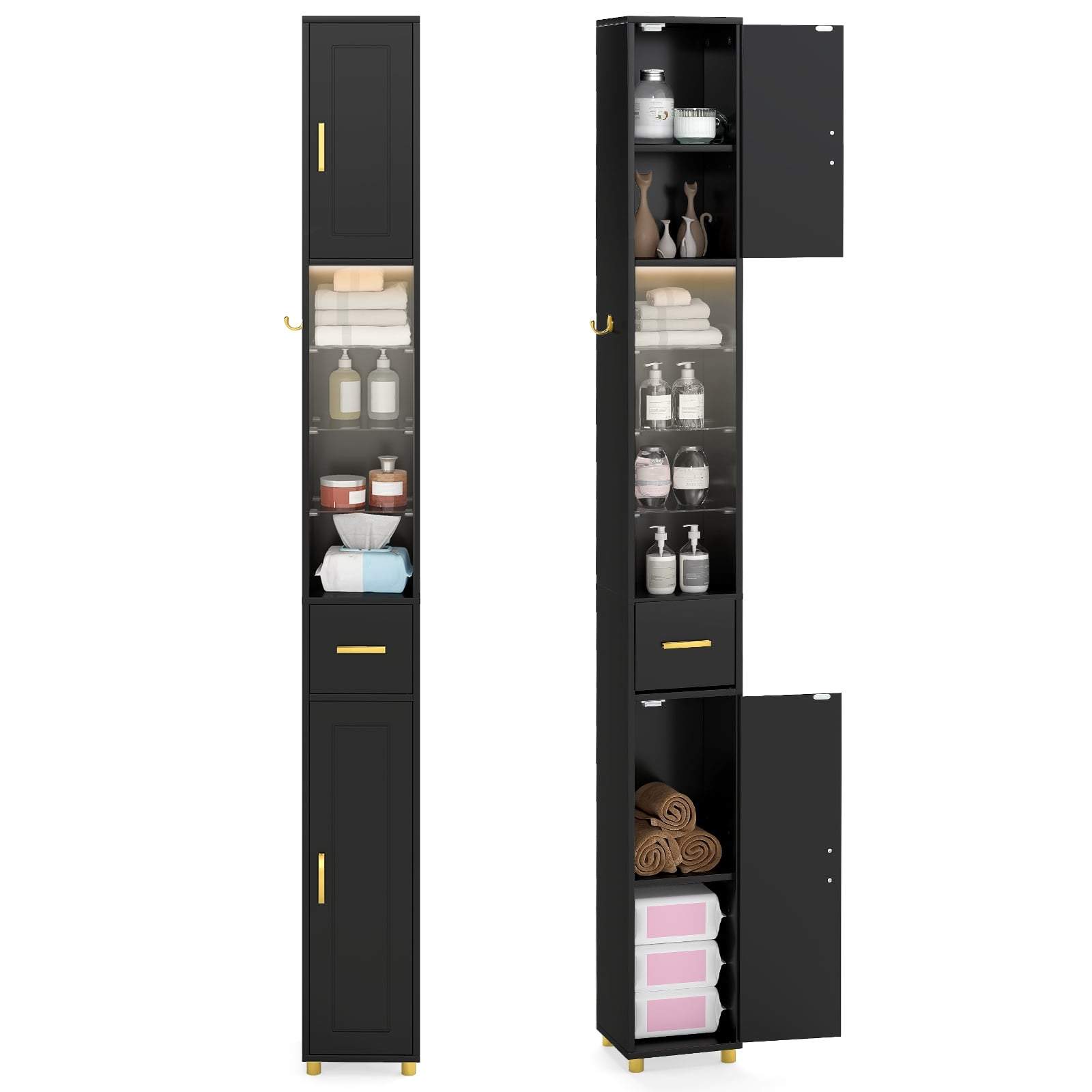 Högt svart badrumsskåp med lampor och glashyllor | Hem & Hobby | Pryloteket