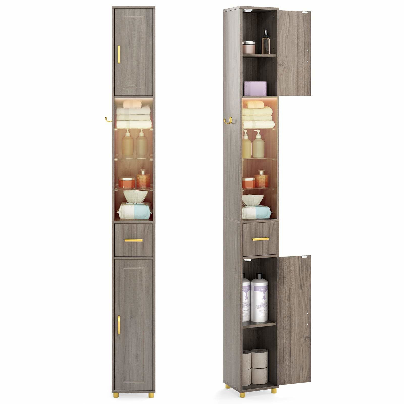 Højt gråt badeværelsesskab med lys og glashylder