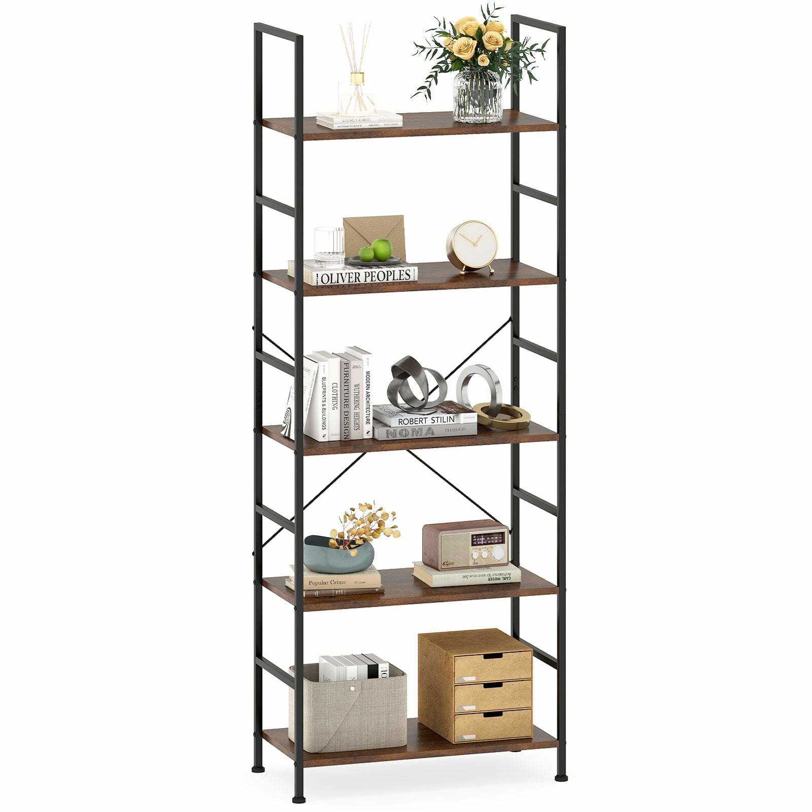 Bokhylla med 5 våningar 160 cm – Rustikt trä- och metallram | Hem & Hobby | Pryloteket