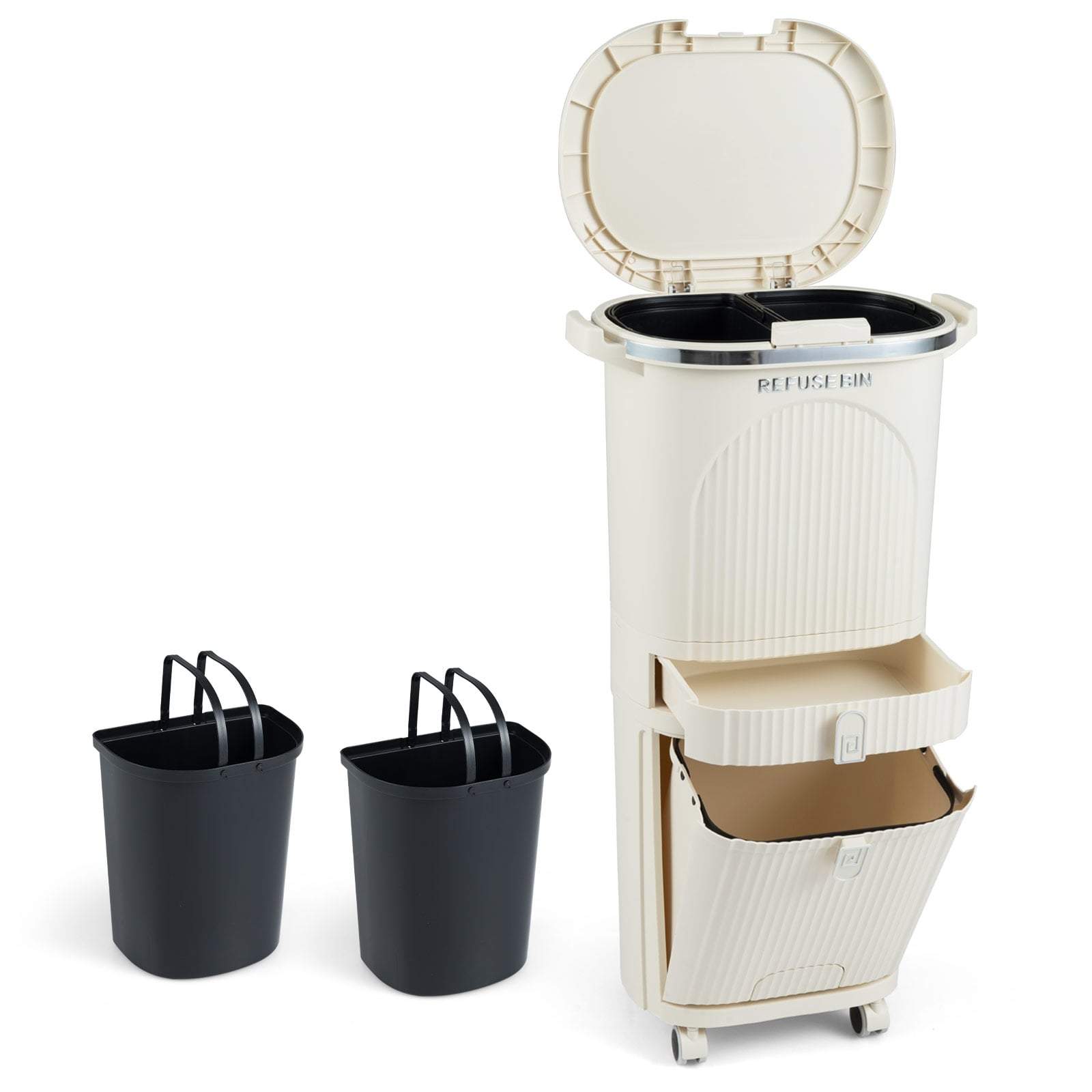 42L køkkenaffaldsspand – 3 rum, pedal, hjul
