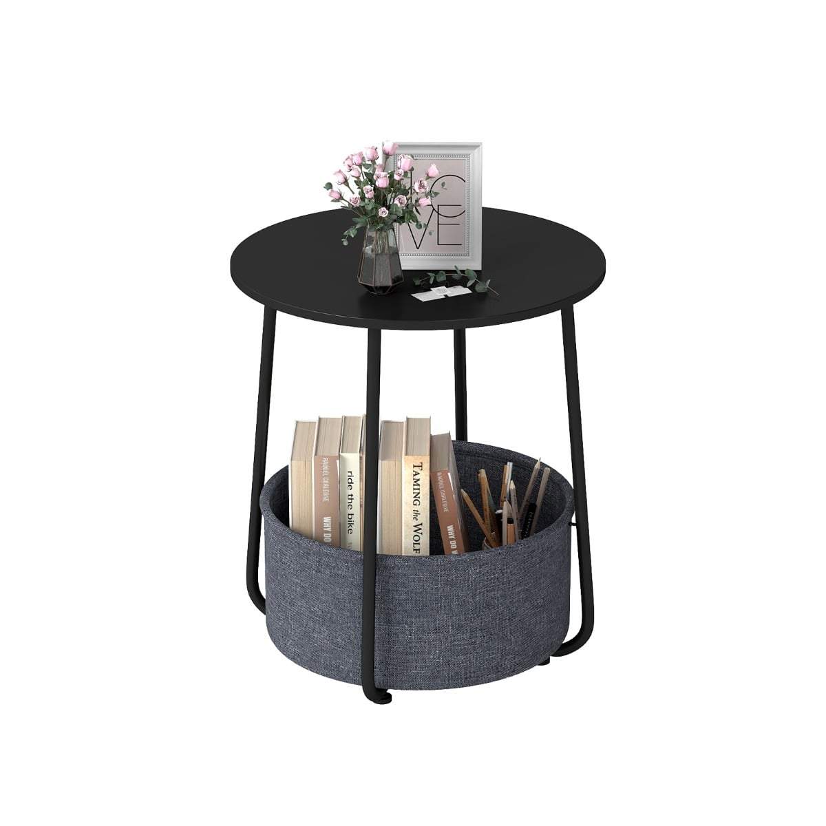 Rundt sidebord med opbevaringskurv – Moderne sort natbord