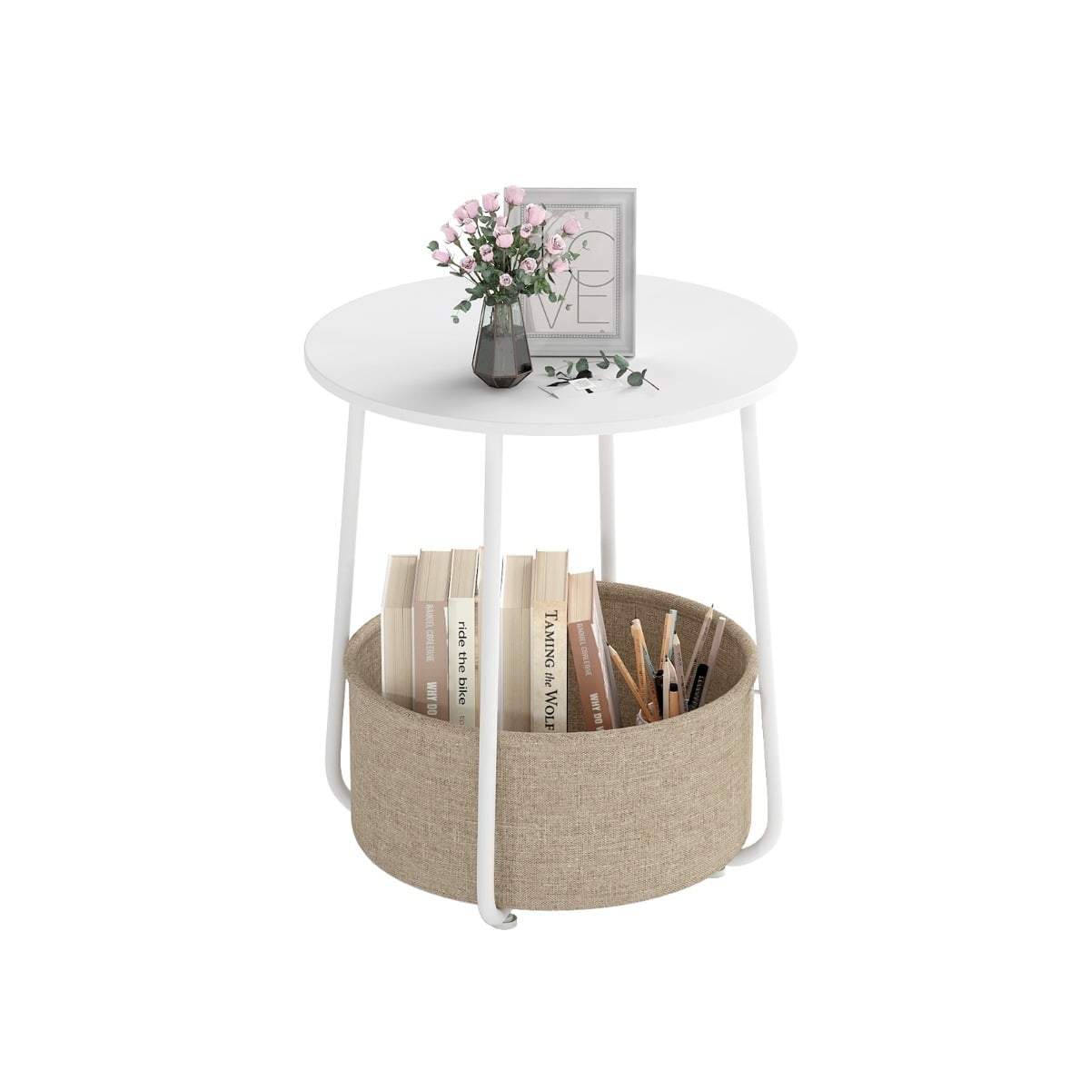 Rundt sidebord med opbevaringskurv – lille, moderne, hvid
