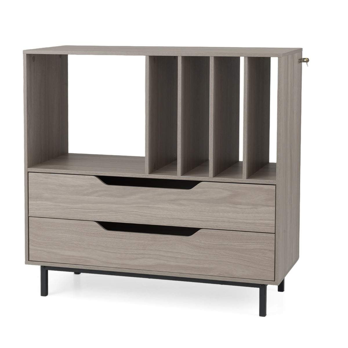 Pladespillerstativ med 4 vinylpladser og 2 skuffer – grå