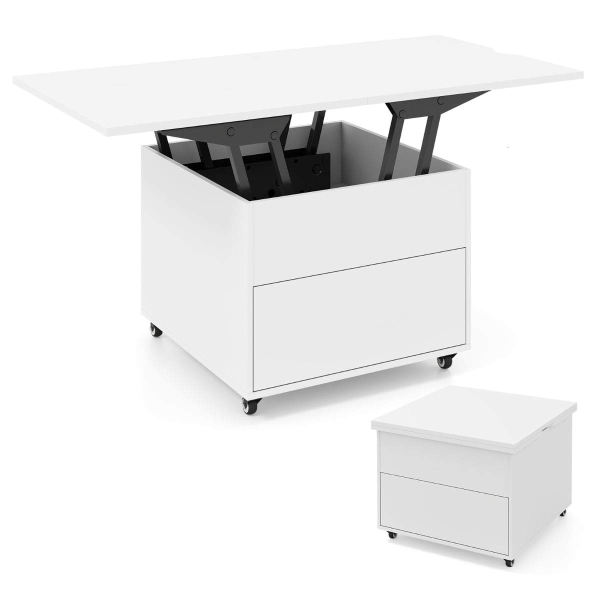 Sofabord med løftefunktion og opbevaring, hvid – justerbar og mobil