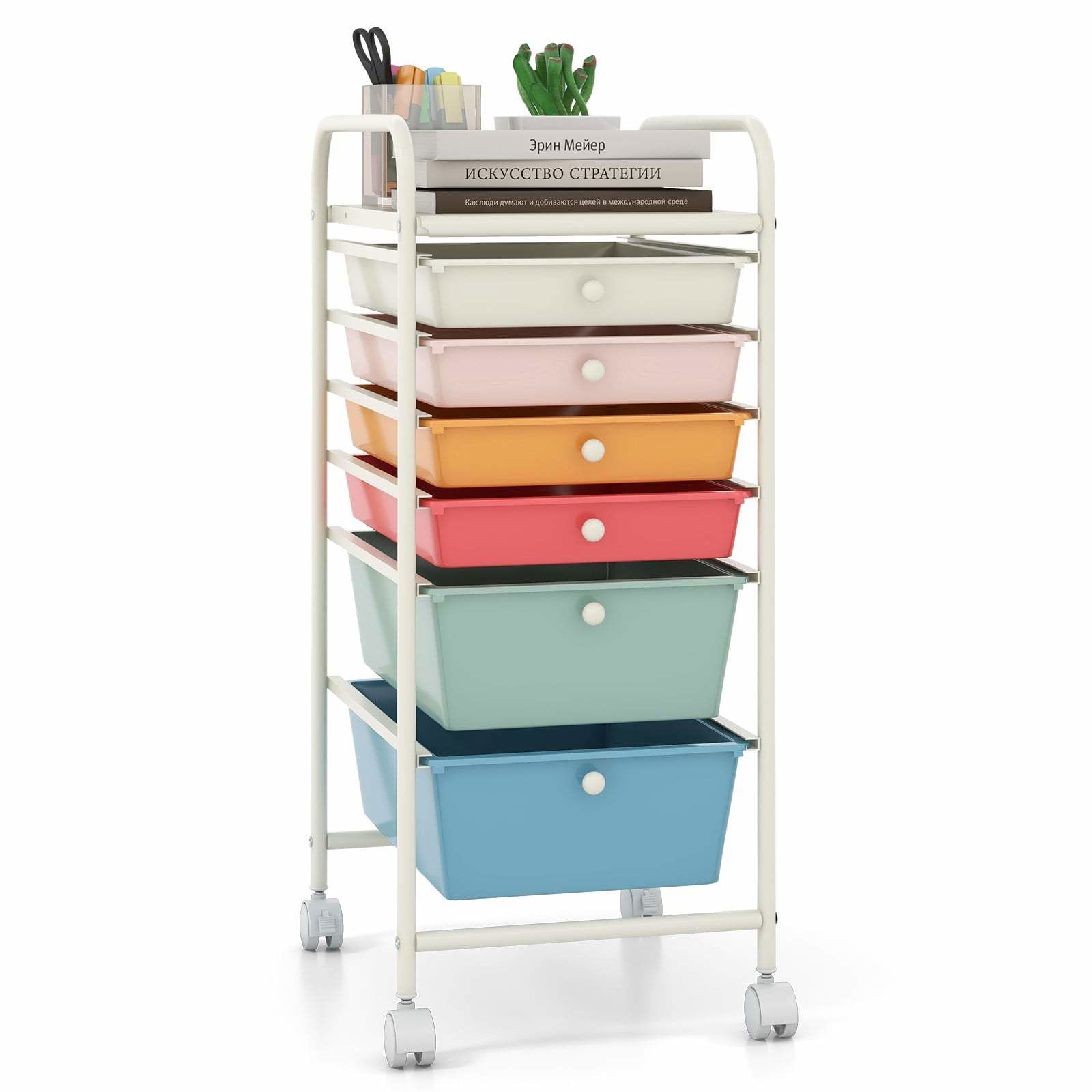 Farverig rullevogn med 6 stabelbare skuffer og metalramme