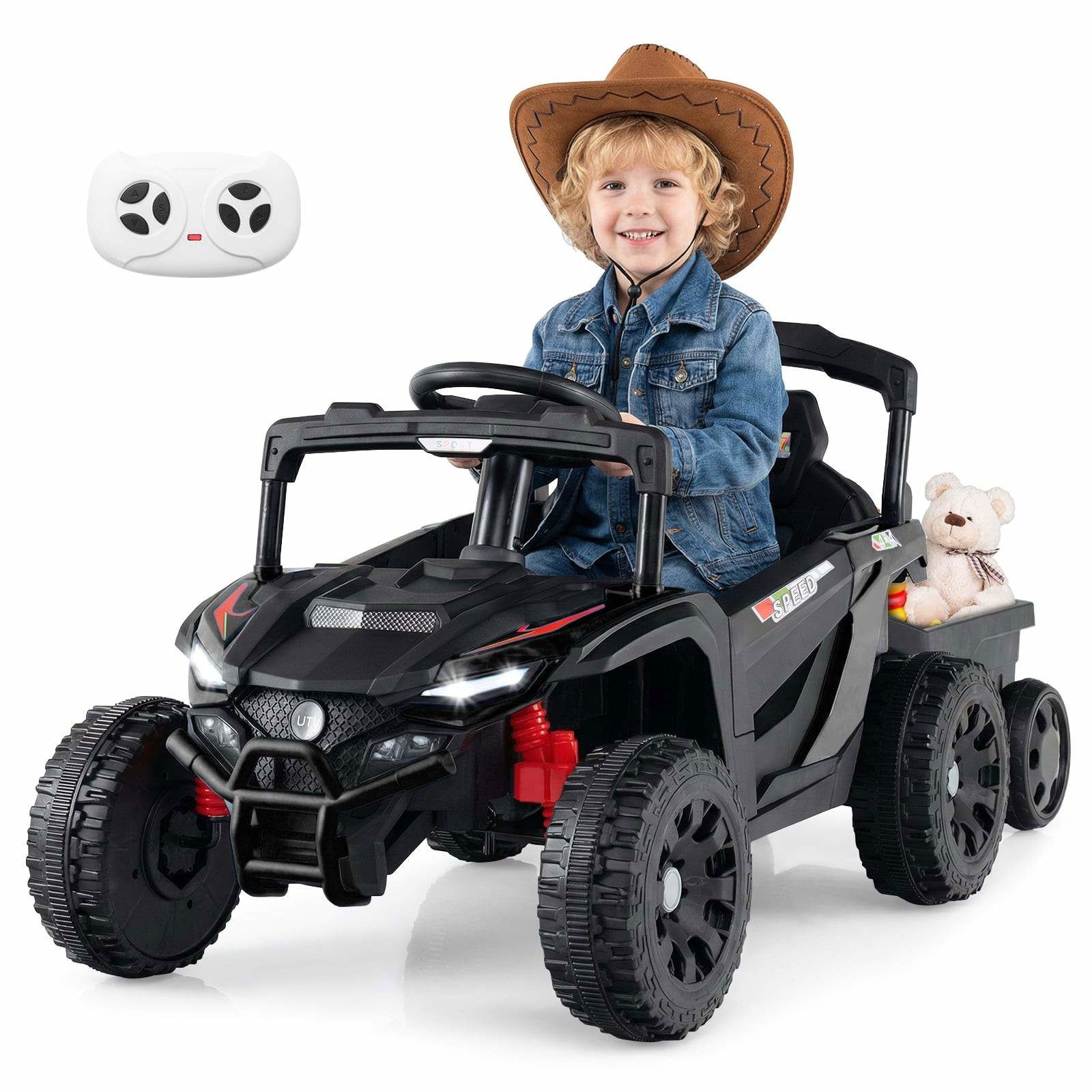 12V børnetraktor med fjernbetjening og aftagelig trailer