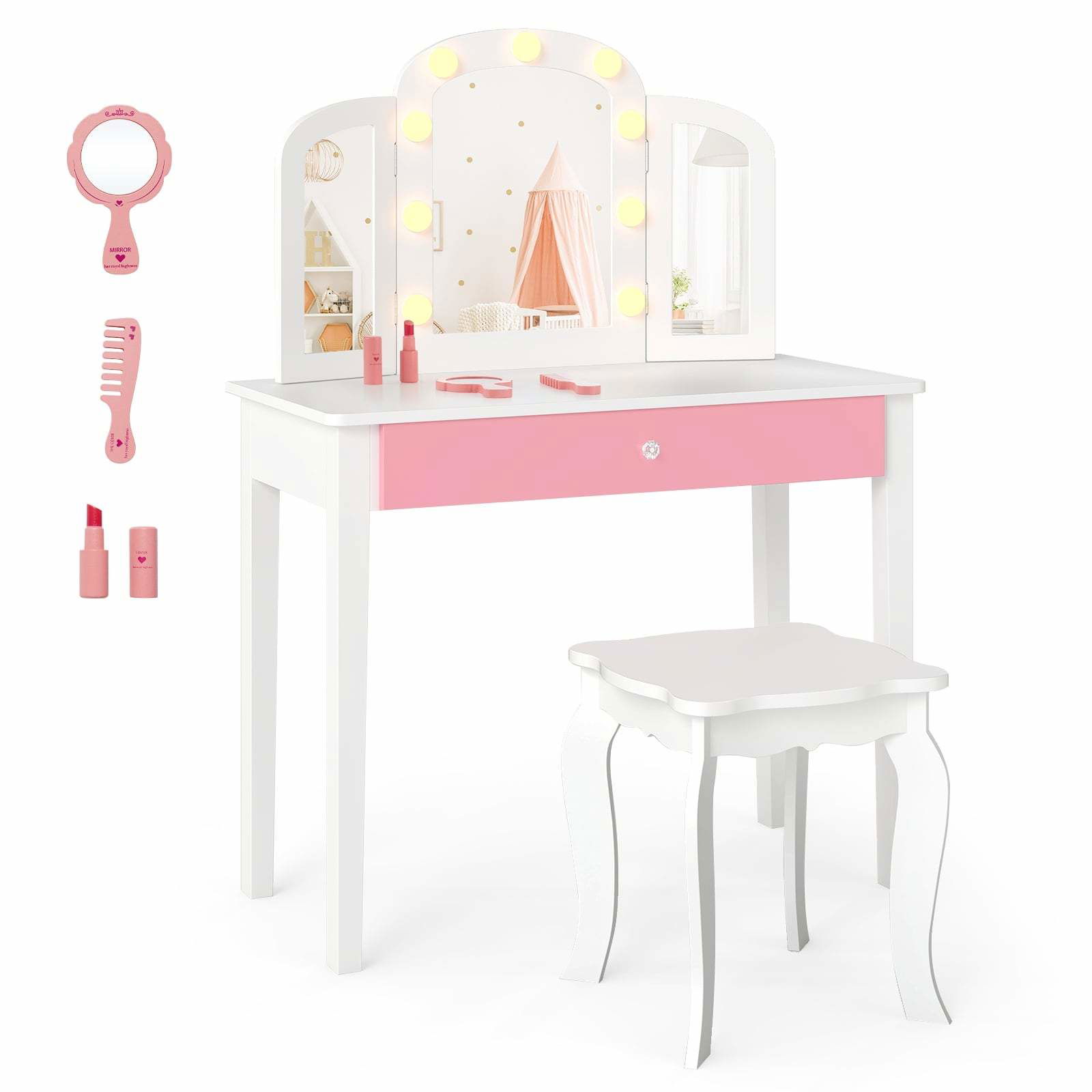 Børne sminkebordsæt – aftageligt spejl, LED-lys