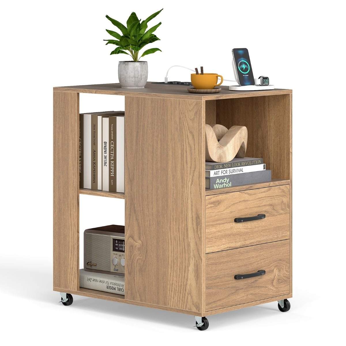 Rullende natbord med ladestation og opbevaring