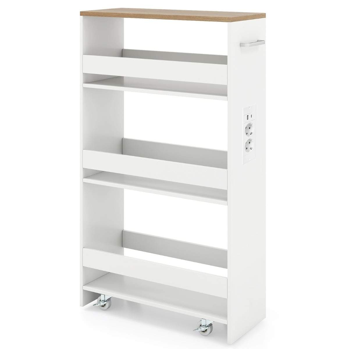 Slank rullende opbevaringsvogn – 4-etagers, indbygget ladestation