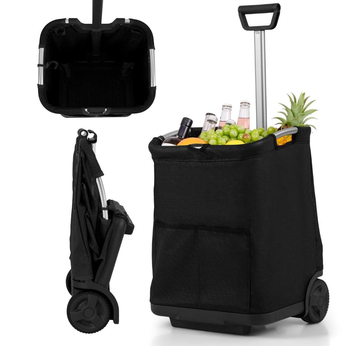 Sammenklappelig 50L indkøbsvogn – sort, justerbart håndtag