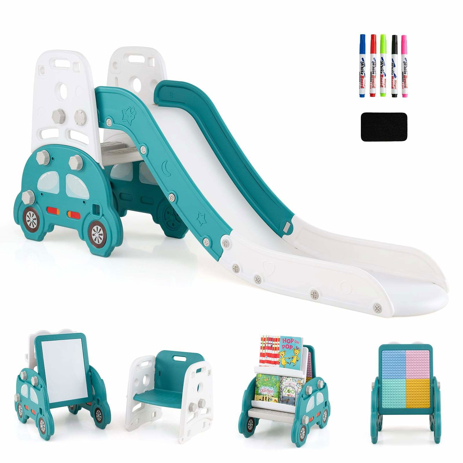5-i-1 rutsjebanesæt til småbørn – Whiteboard, bogreol, skammel