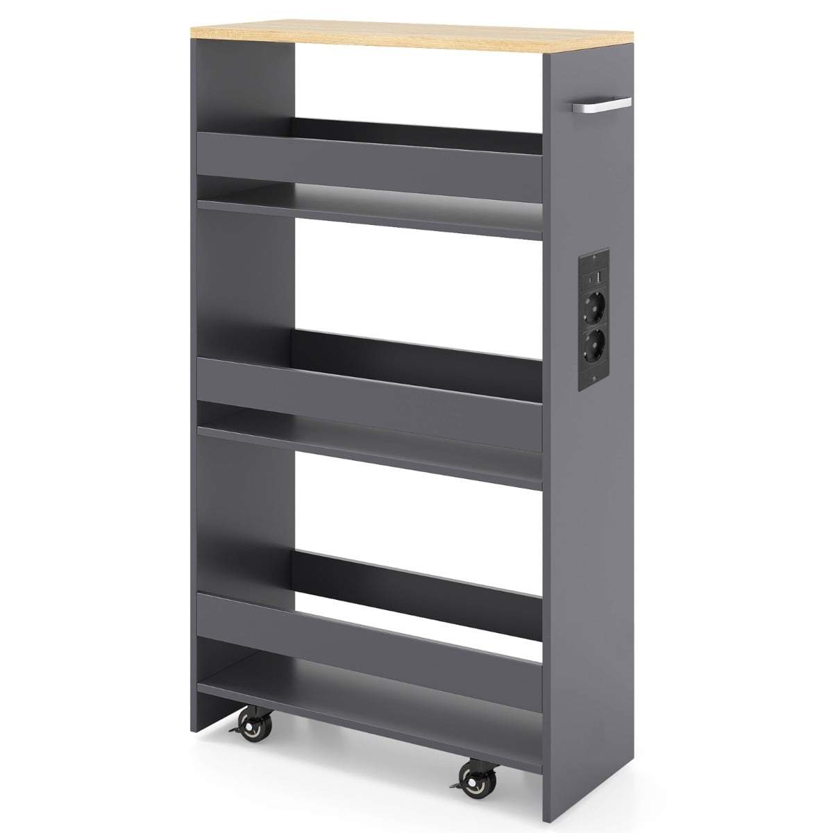 Slank 4-etagers opbevaringsvogn med ladestation – grå