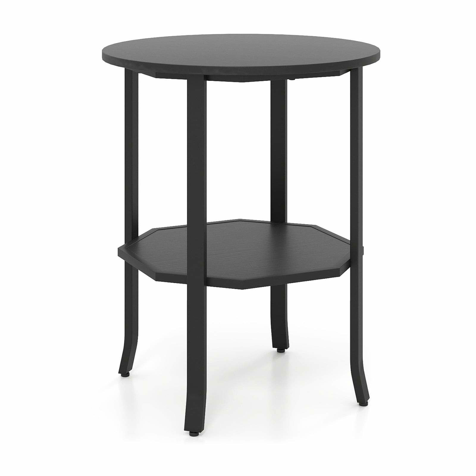 Rundt sidebord med 2 niveauer og hylde – sort industrielt design