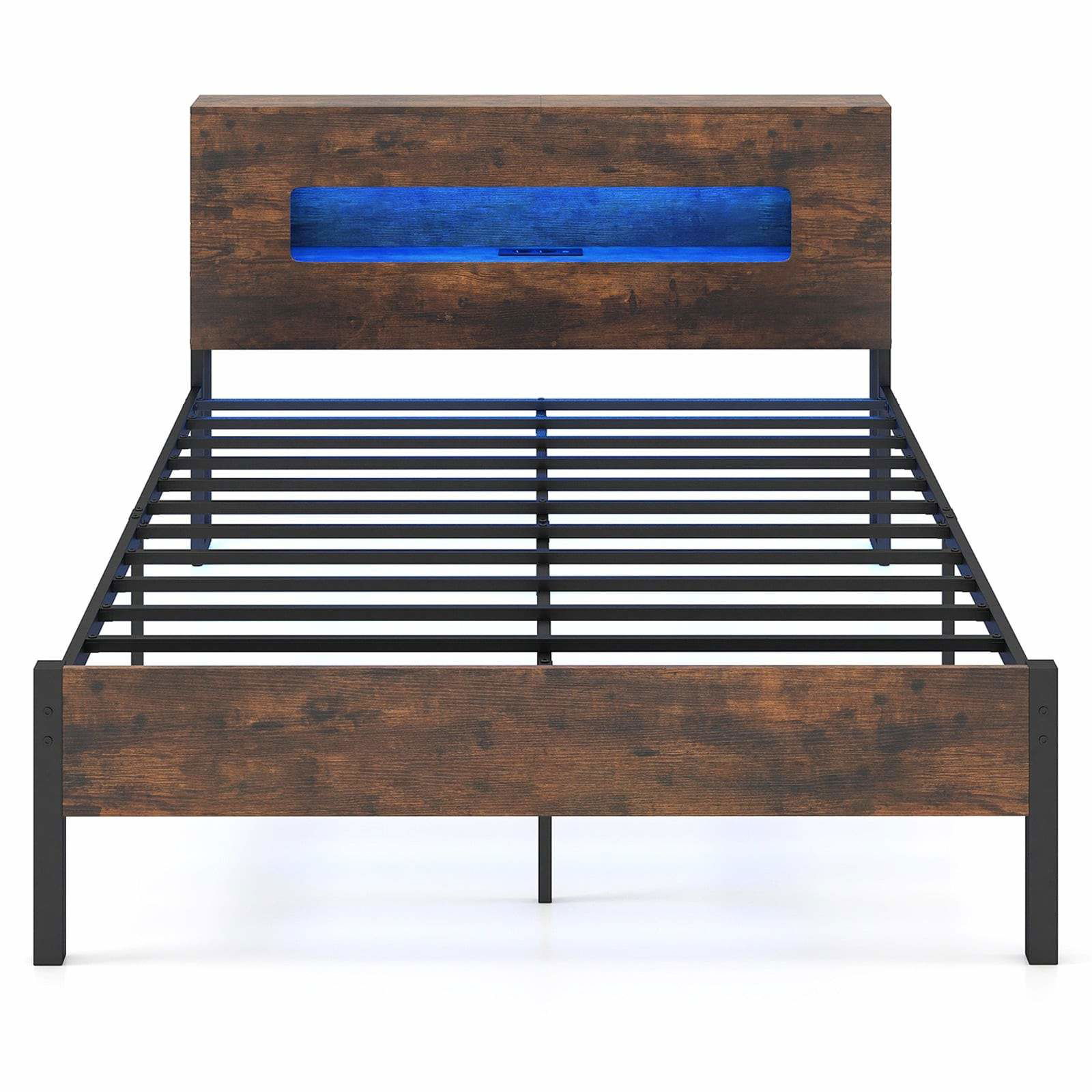 Industriel platformseng med LED-lys og hovedgærde med opbevaring