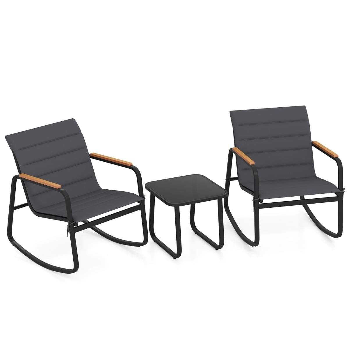 Udendørs terrassesæt – 2 gyngestole og bord med hynder