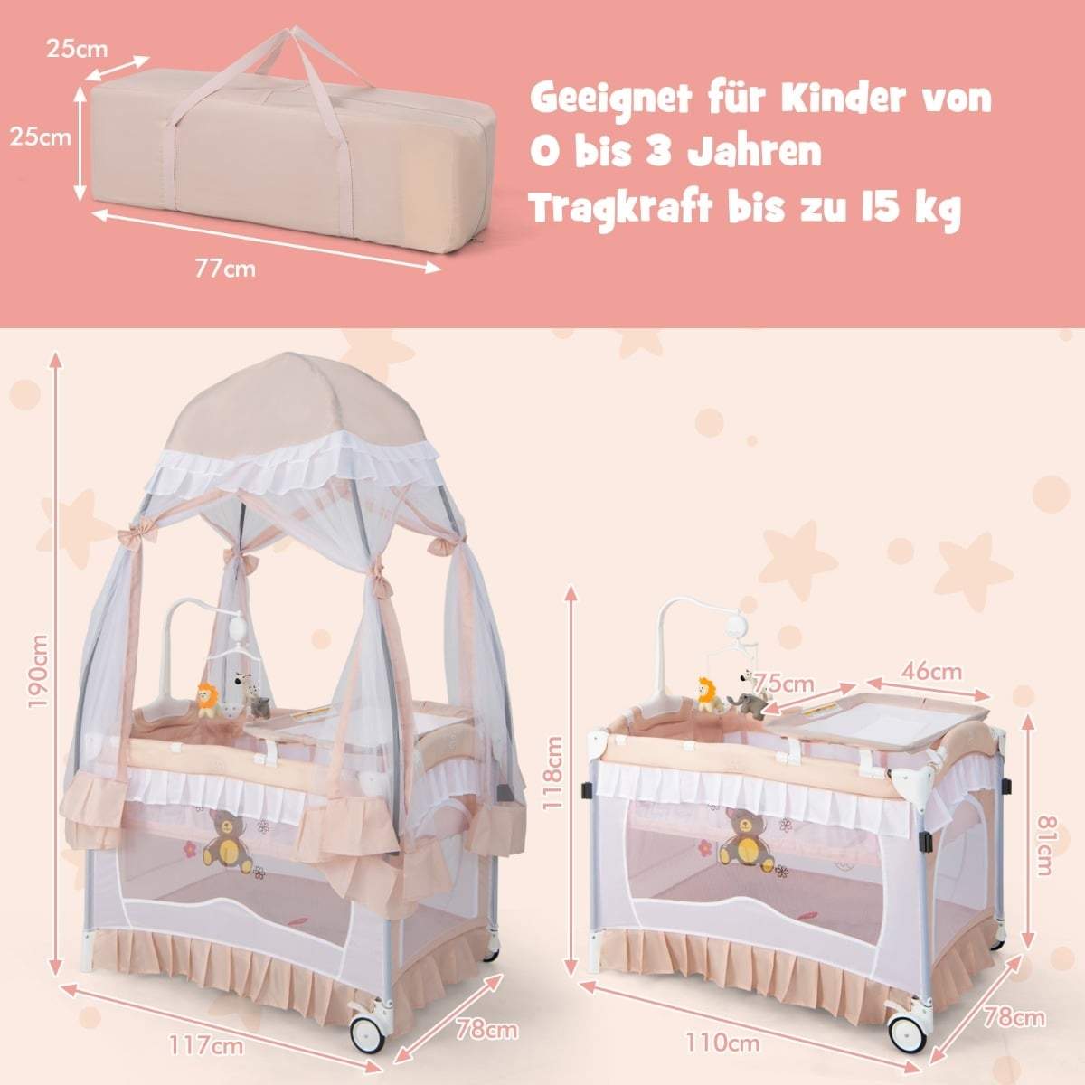 4-i-1 lyserød babyrejseseng med baldakin og madras