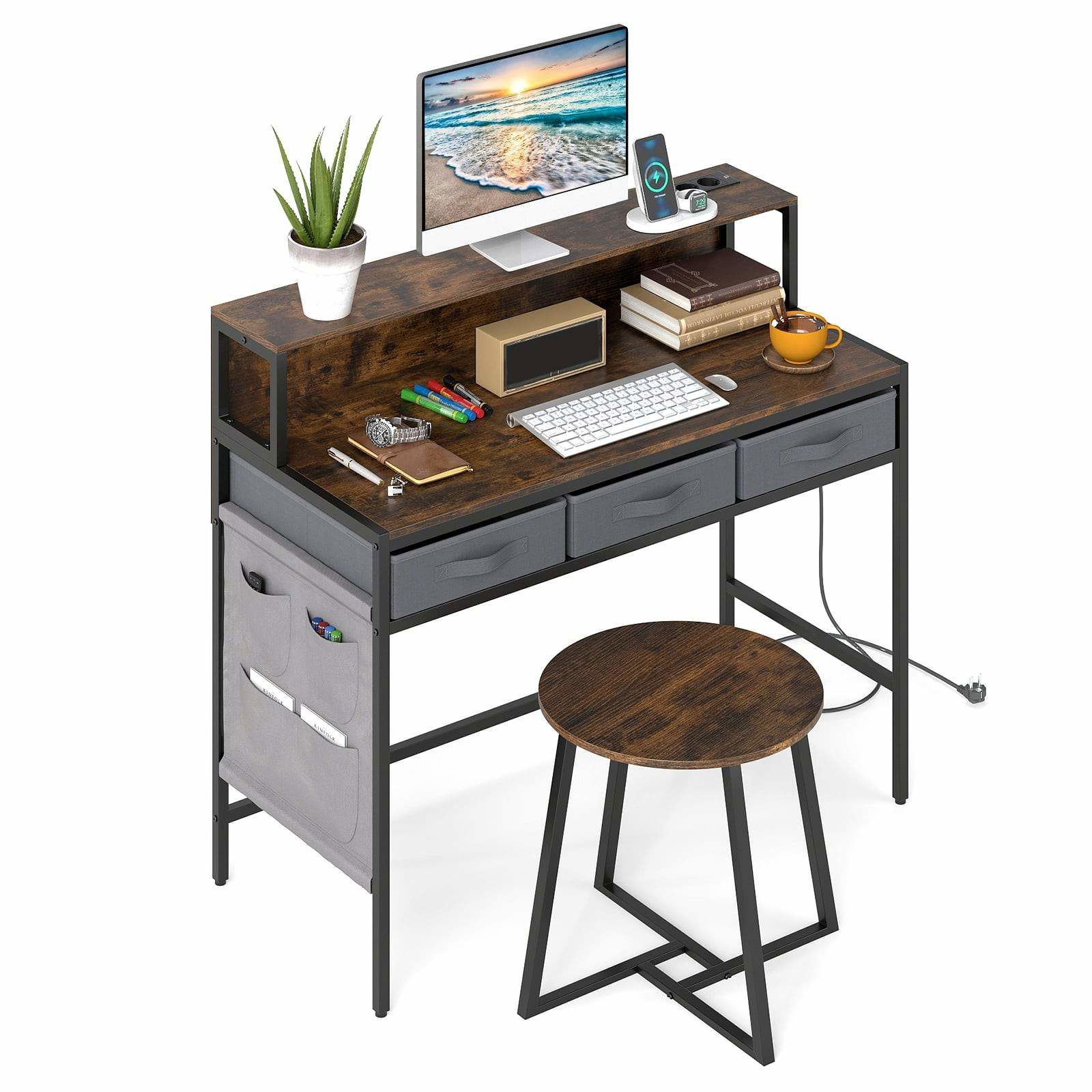 Ergonomisk skrivebords- og skammelsæt med stikkontakter – Rustik brun