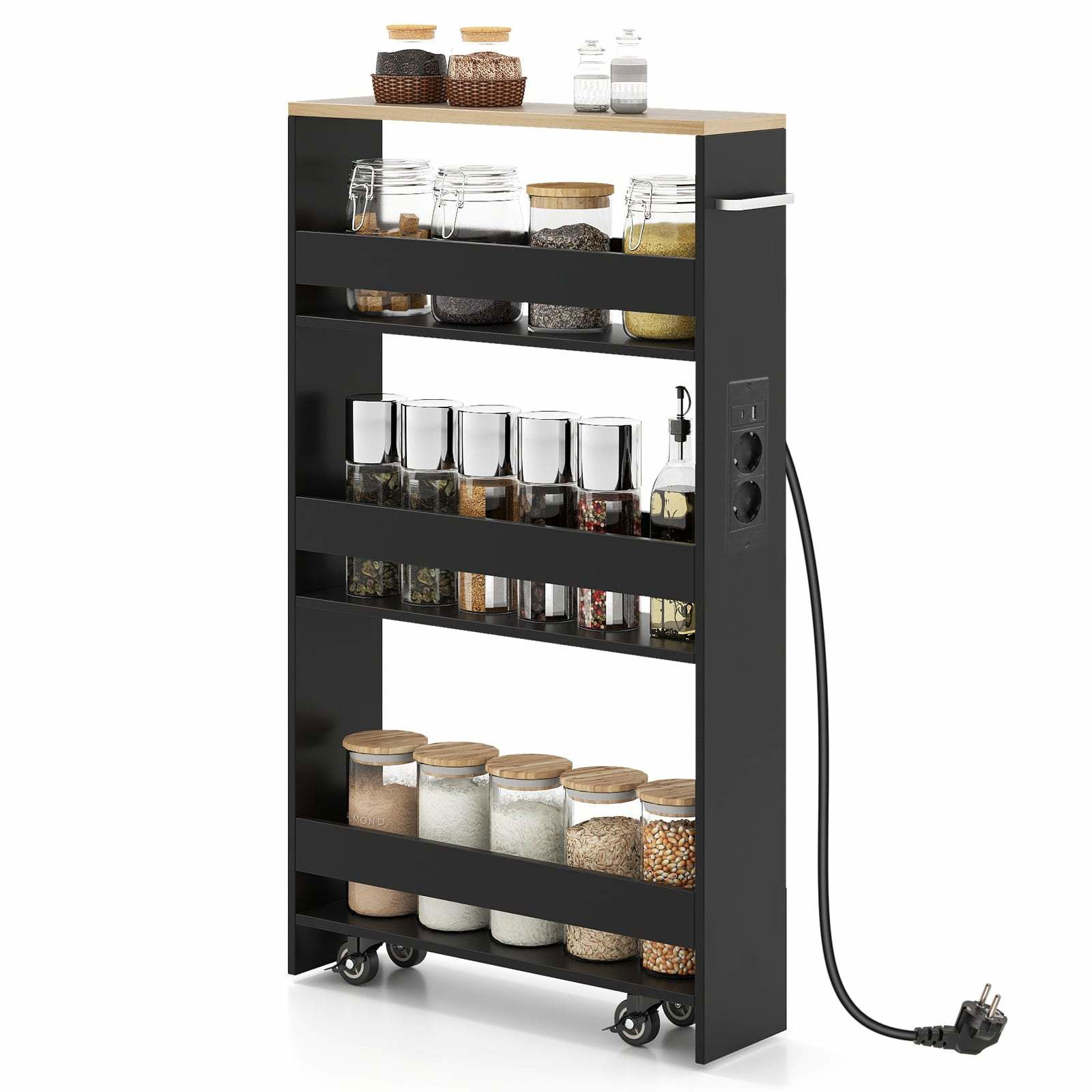 Slank rullende opbevaringsvogn med ladestation – sort