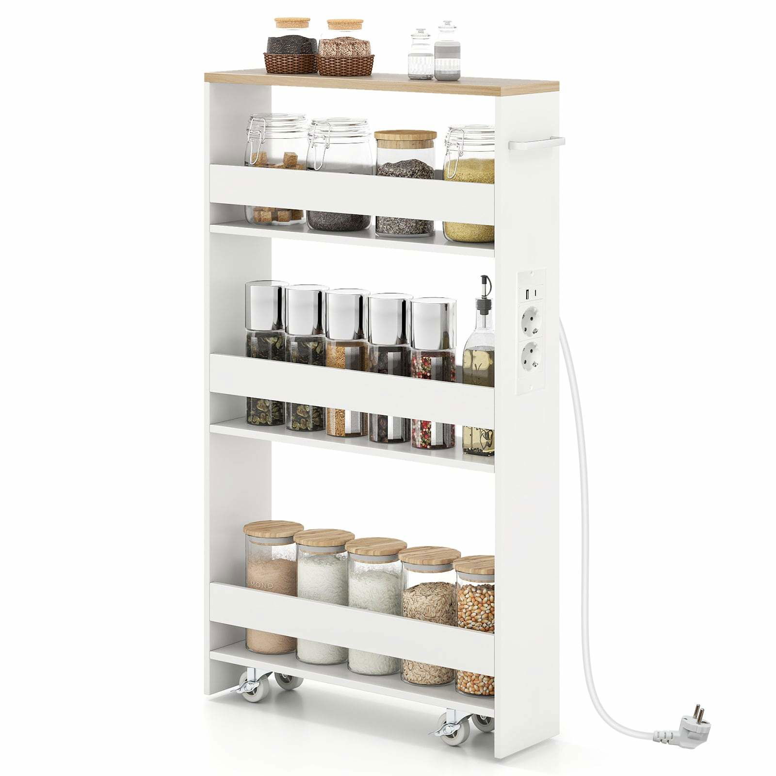 Slank rullende opbevaringsvogn med ladestation – 4-etagers, 13 cm