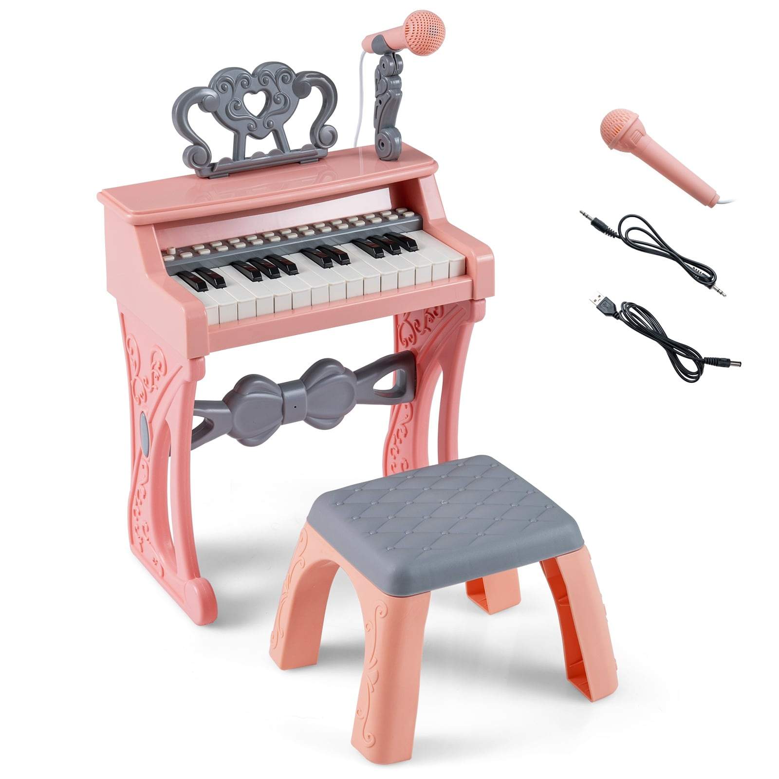 Børne 25-tangenters pink keyboardsæt med skammel og mikrofon