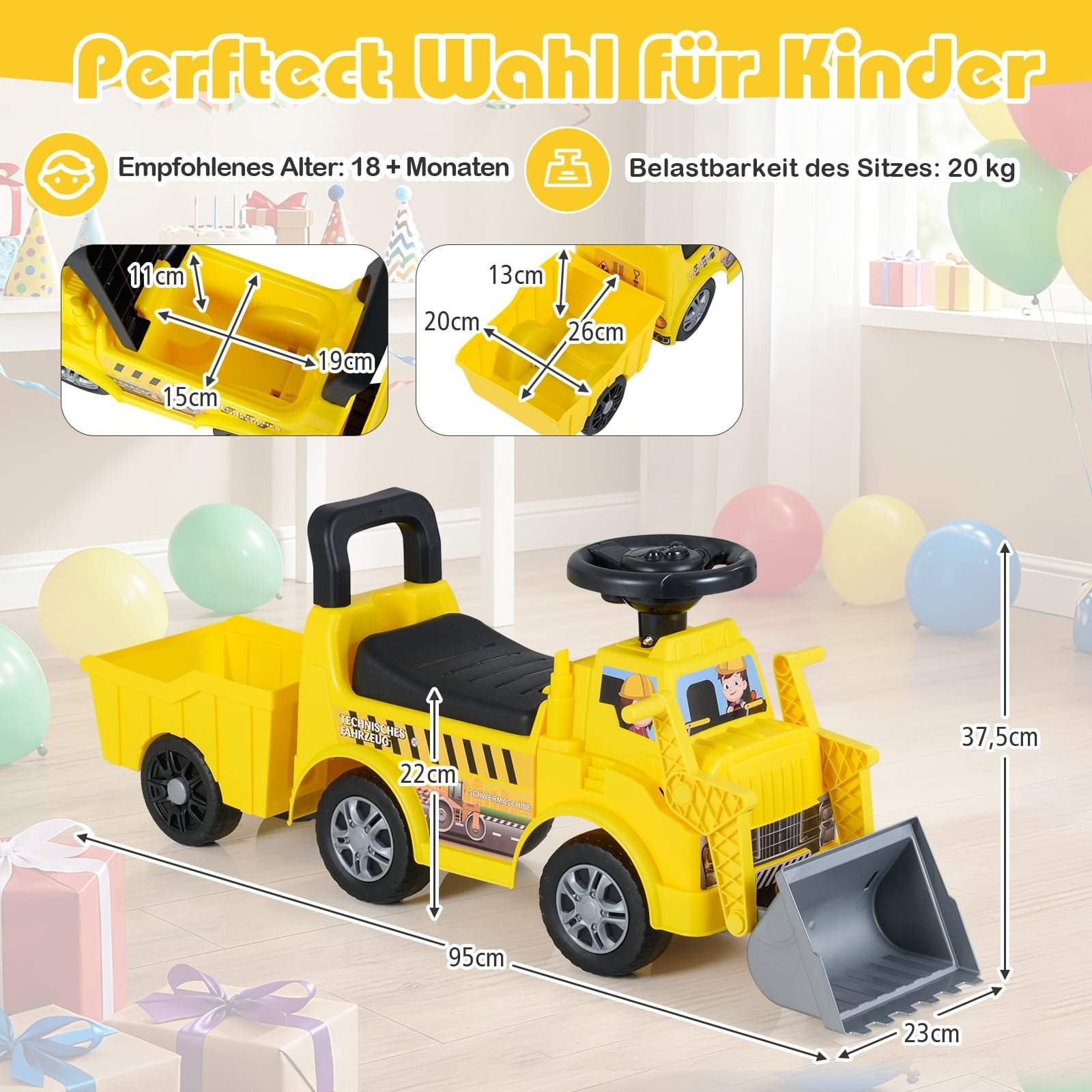 Åkgrävare för barn med avtagbar släpvagn – Gul | Hem & Hobby | Pryloteket