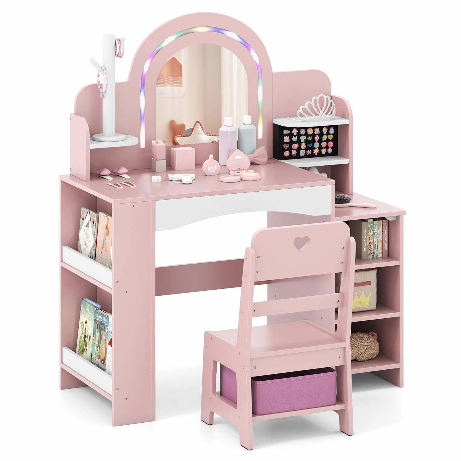 Børnesæt med sminkebord – spejl, LED-lys, opbevaring, lyserød