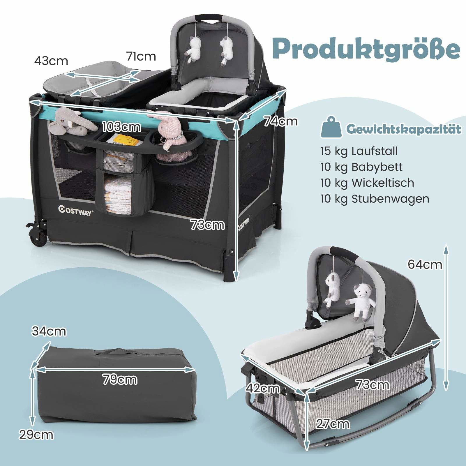 5-i-1 foldbar babyseng med vugge og puslebord