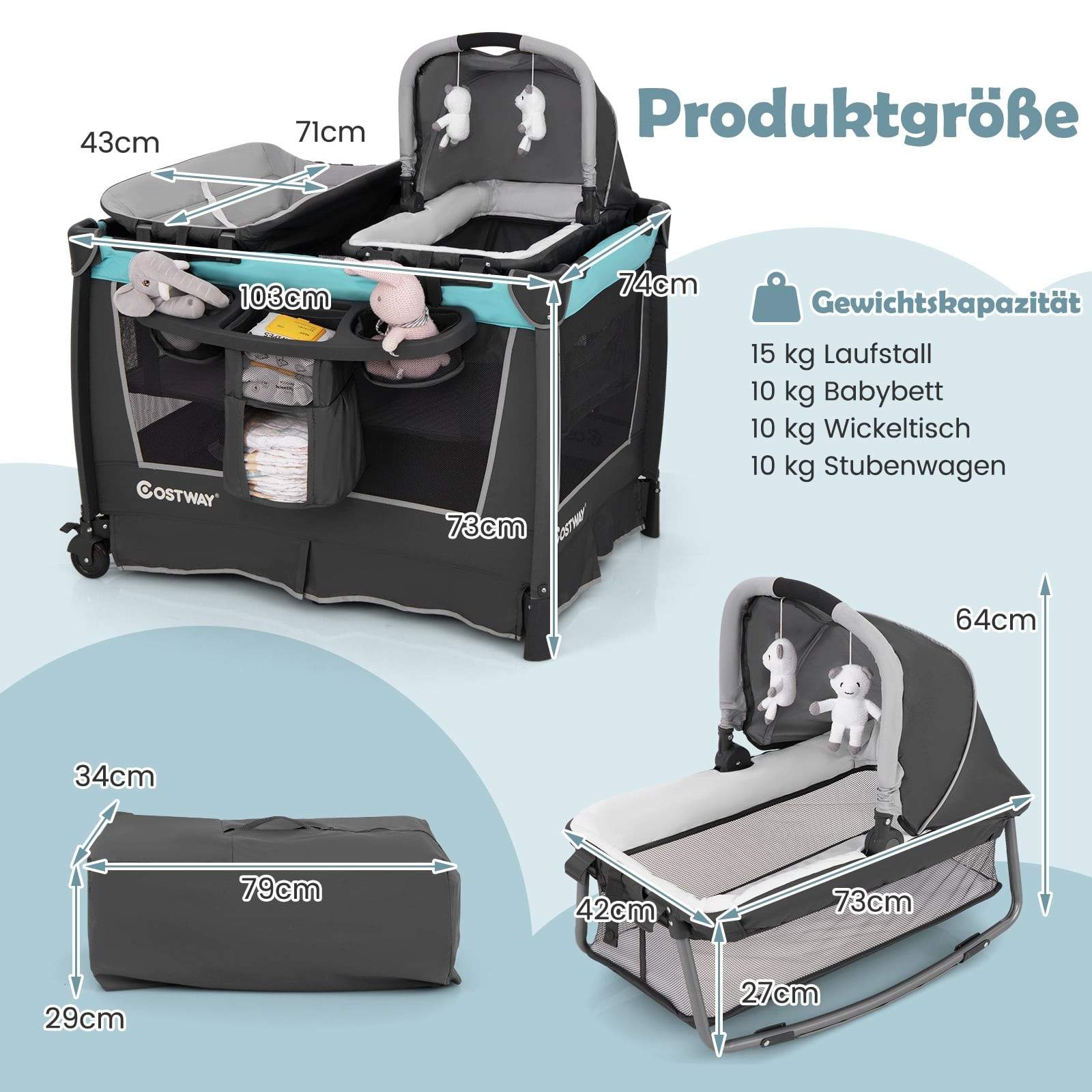 5-i-1 foldbar babyseng med vugge og puslebord