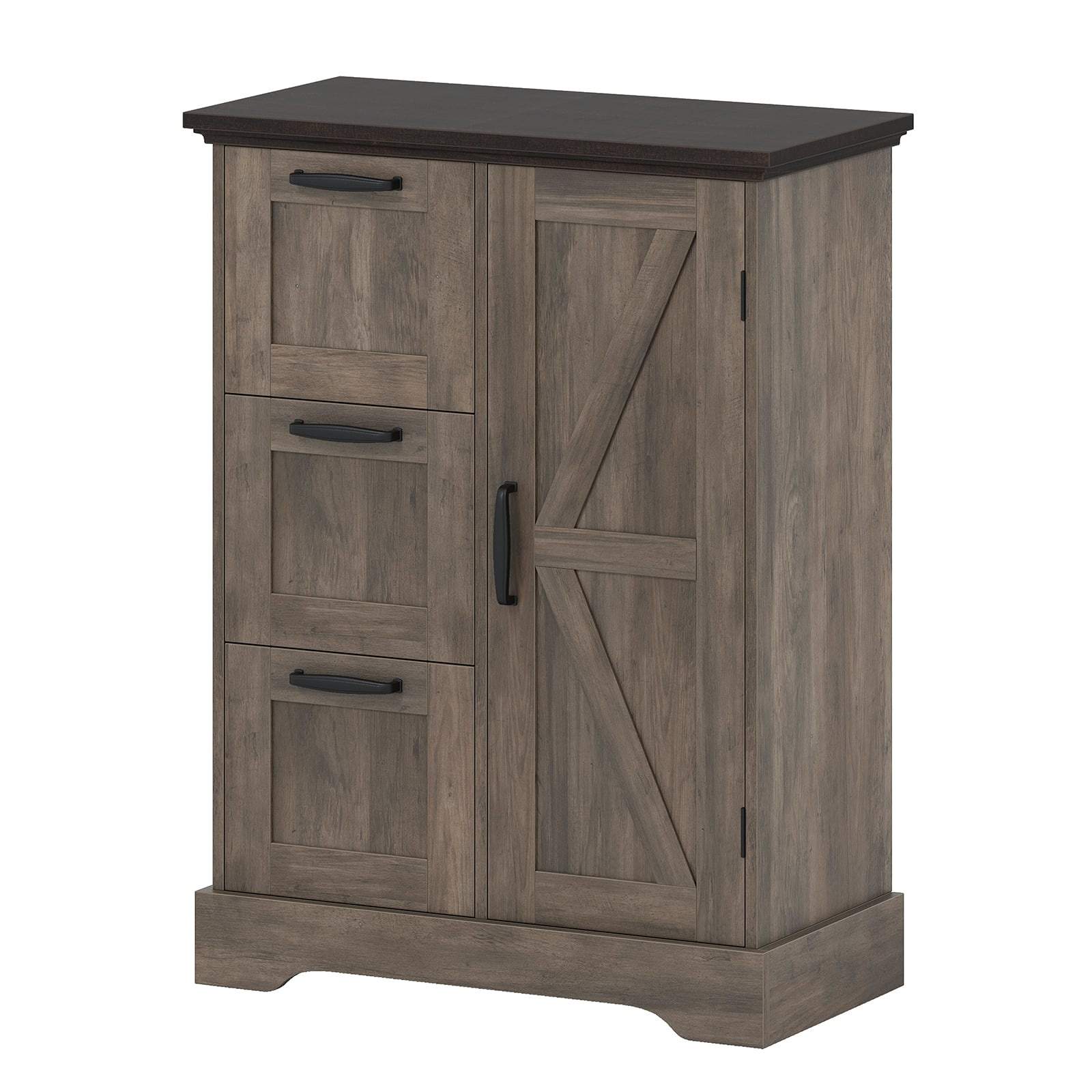 Rustikt gråt køkkenskab med skydedør og skuffer