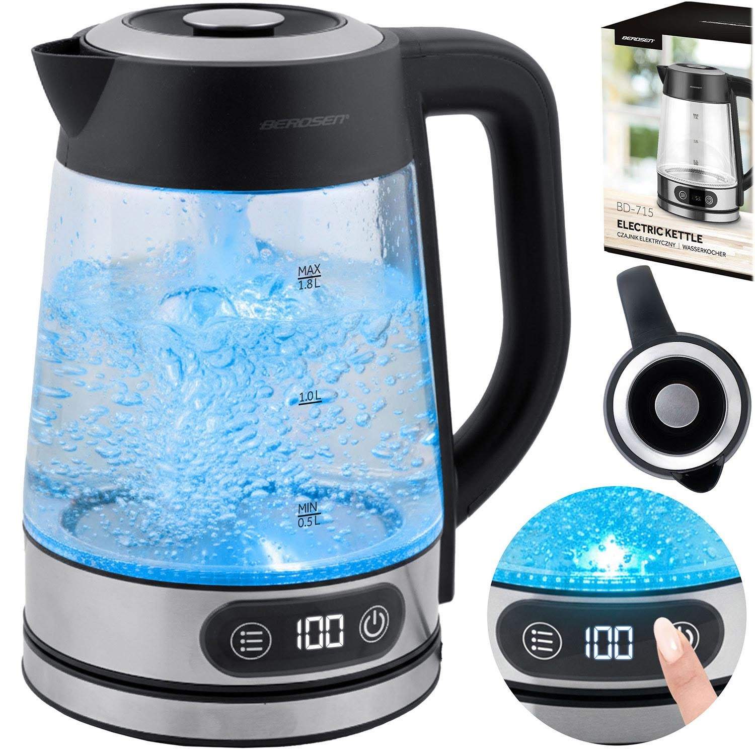 Elkedel i glas, temperaturkontrol, 1,8 l, LED-display