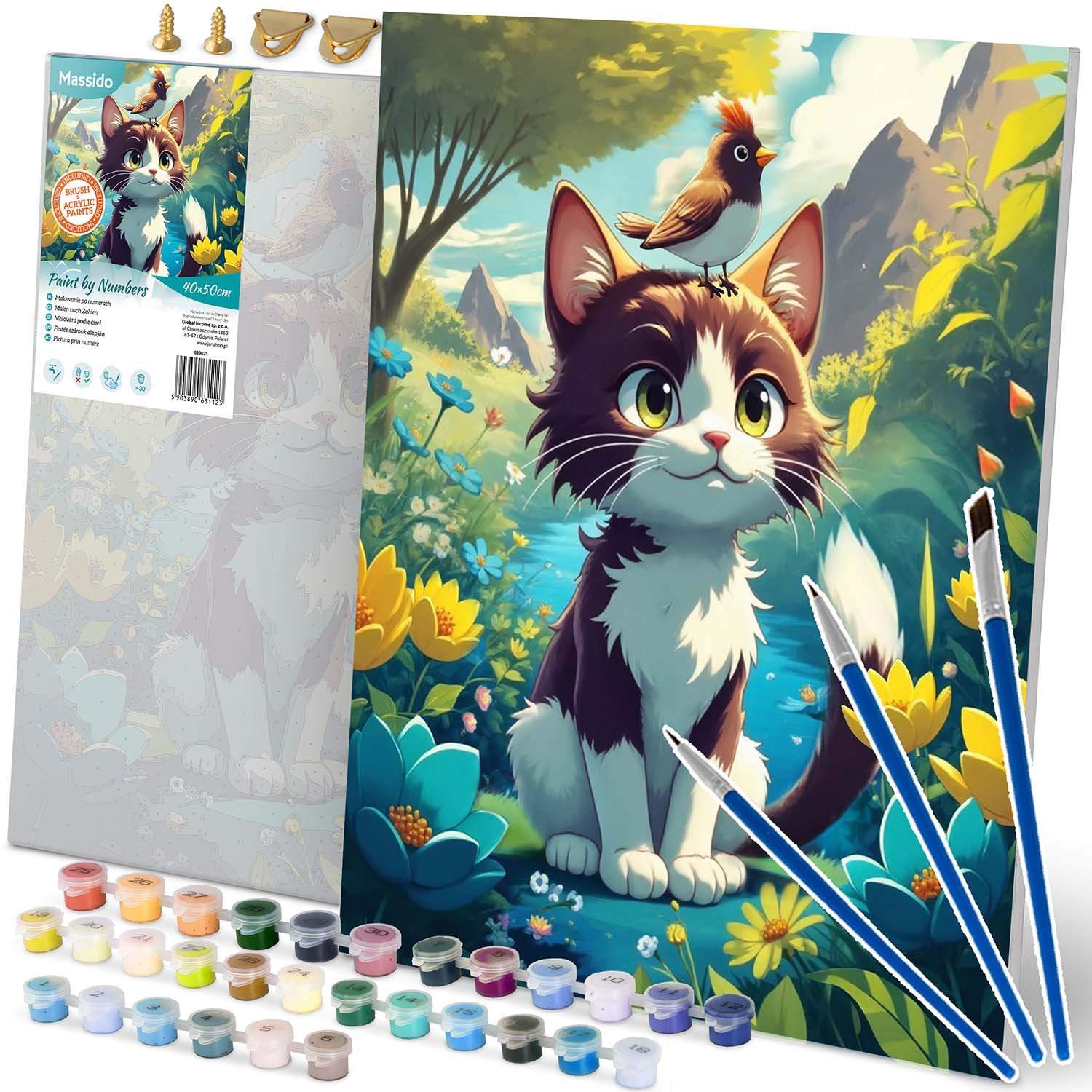Mal efter tal-sæt – 40x50 cm kattedesign med pensler