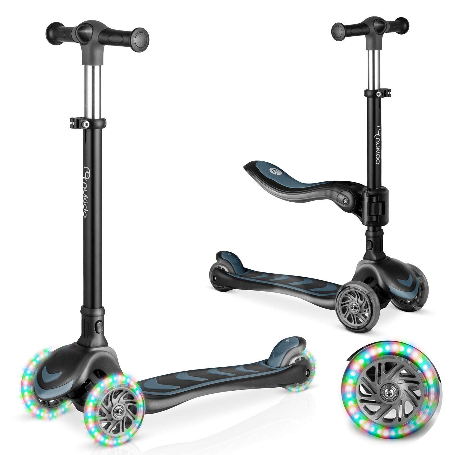Børne 3-hjulet balancescooter med sæde og LED-hjul