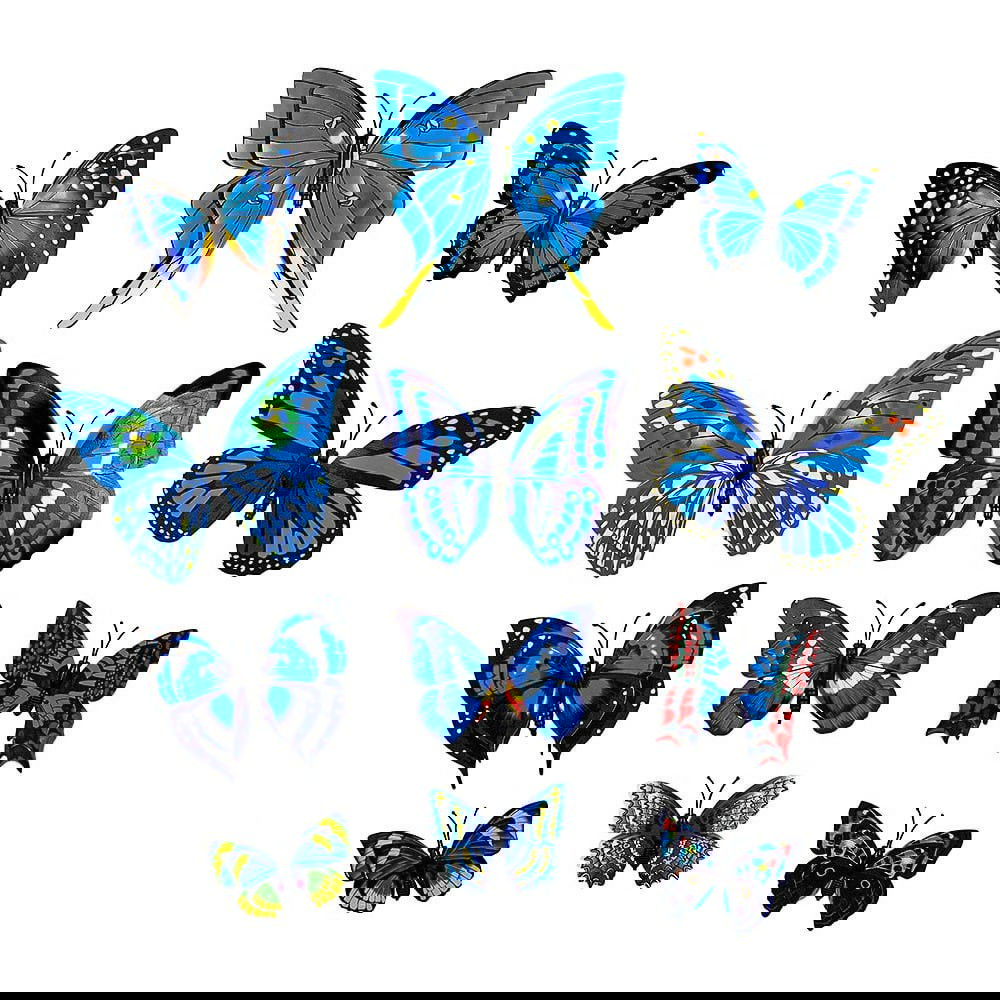 12 Blå dekorative 3D-Sommerfugle i papir - Vægdekoration