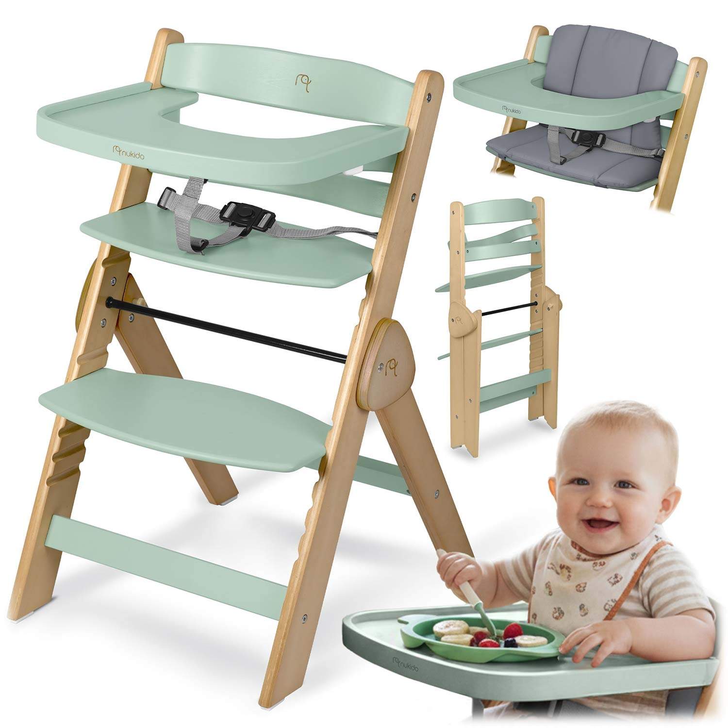 Træhøjstol til børn – justerbar, foldbar, sikker