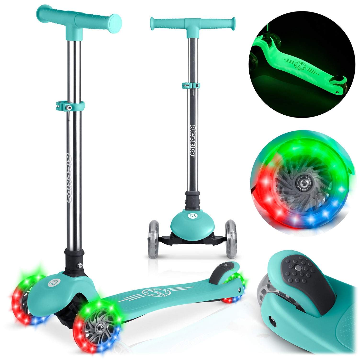 Børne 3-hjulet løbehjul, der lyser i mørke – justerbart, sikkert