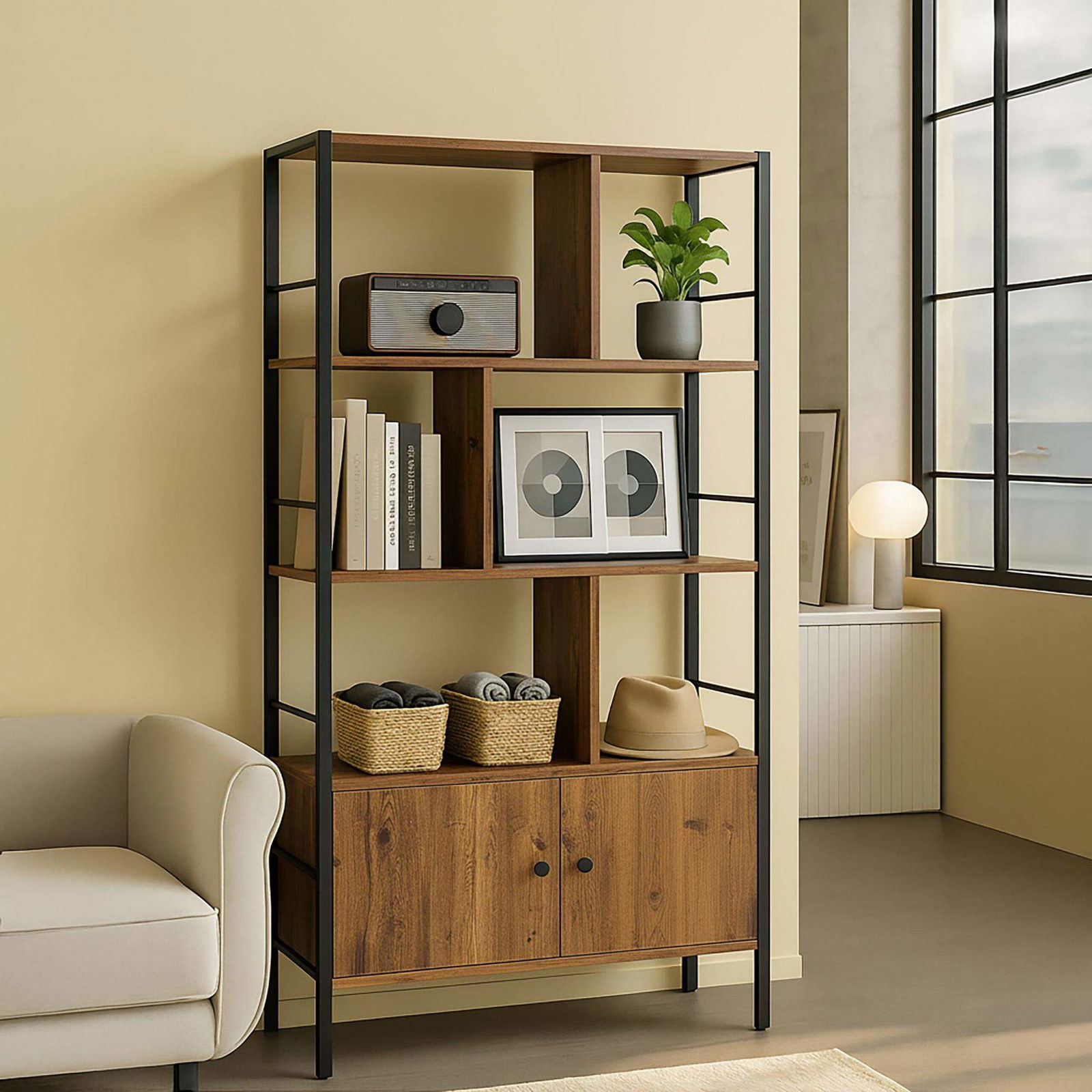 Bogreol med opbevaringsskab – 3 hylder, vægmonterbar