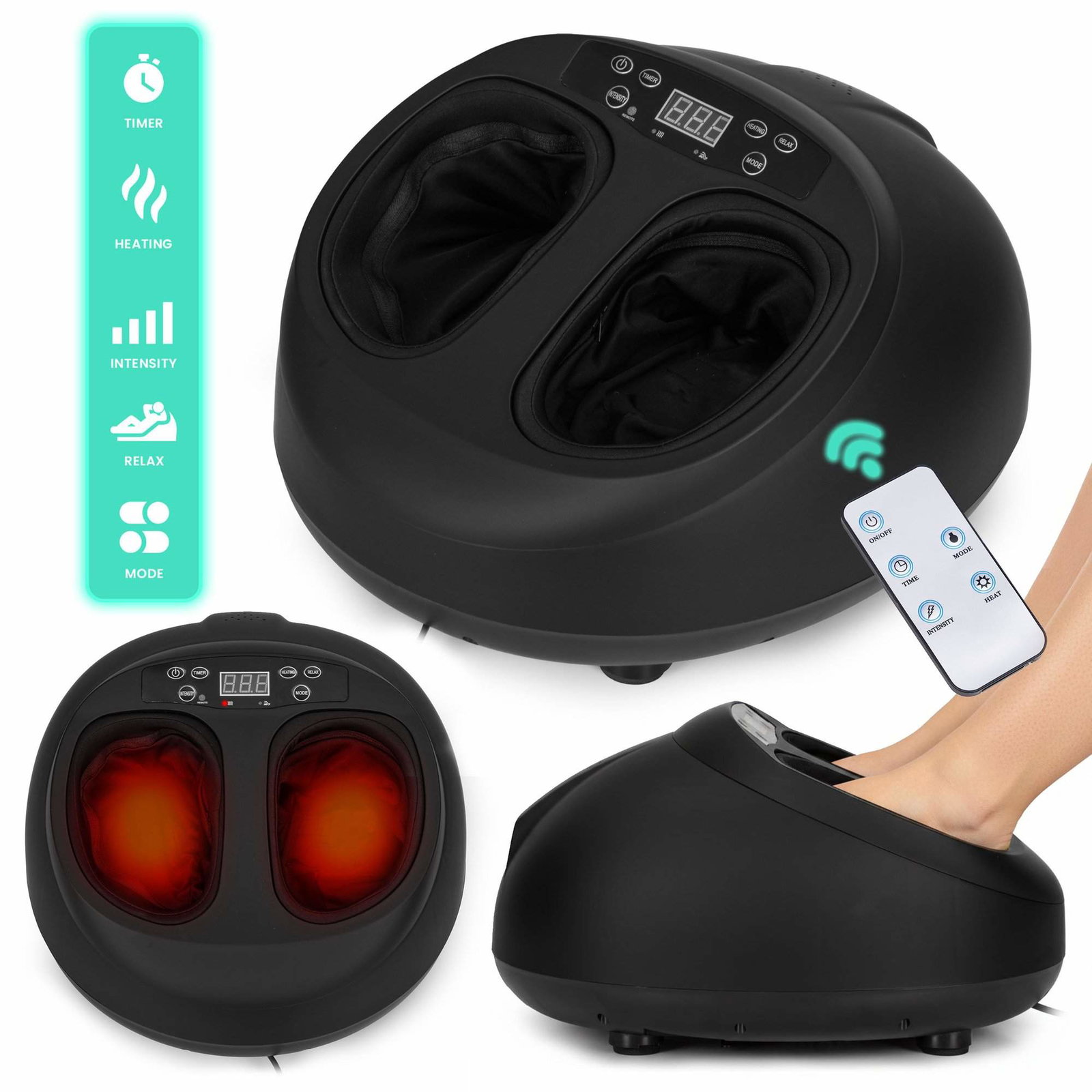 Elektrisk fodmassageapparat med varme, 3 tilstande, fjernbetjening