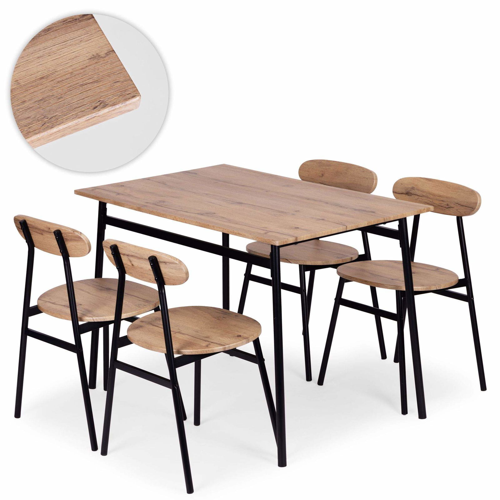 Spisebordsæt med 4 stole – MDF og stål, loftstil