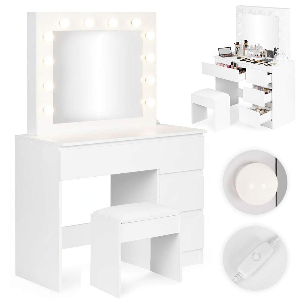 Sminkebord med LED-spejl, 4 skuffer + skammel