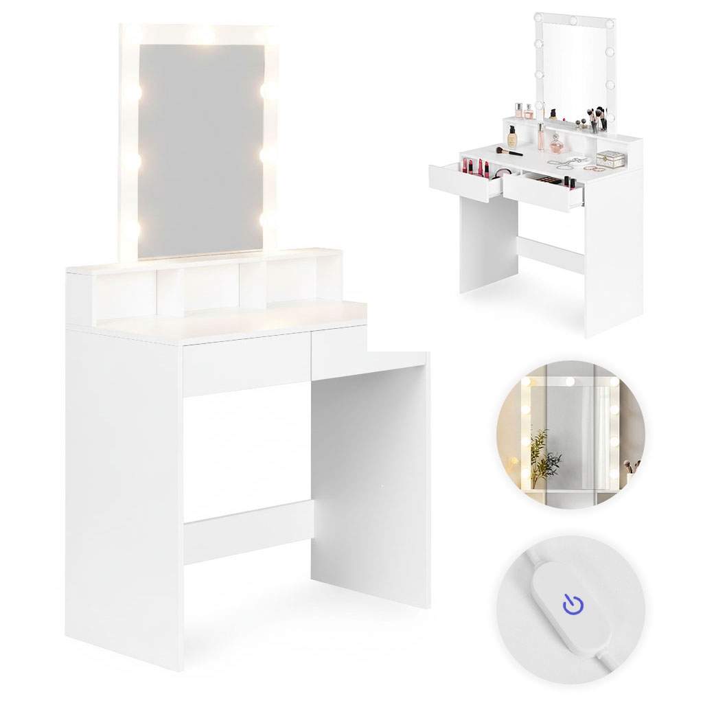 LED-sminkebord med spejl – 3 lysfarver, 2 skuffer