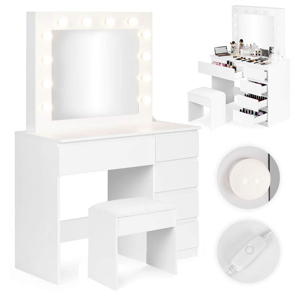 Makeupbord med LED-spejl, 5 skuffer, skammel