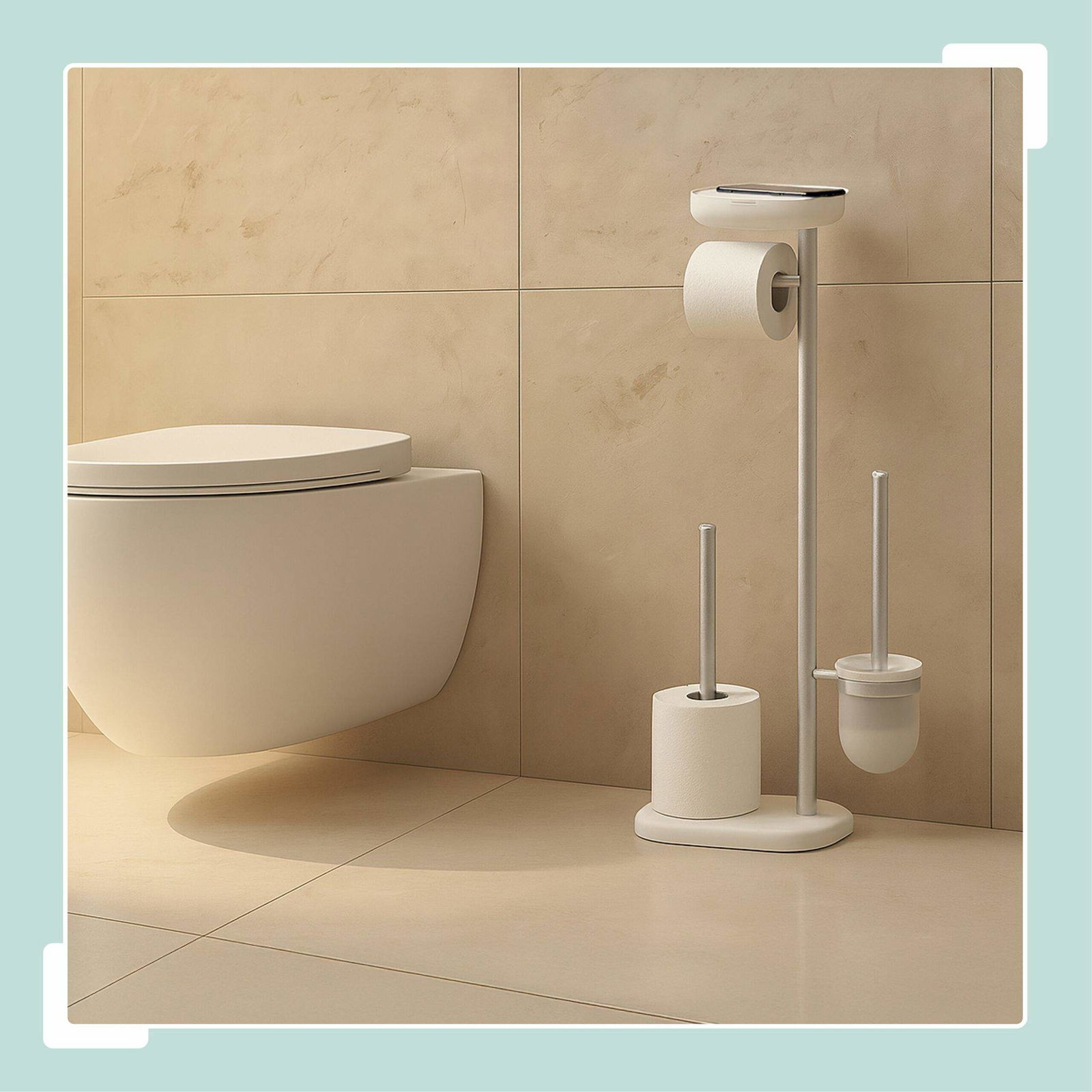 Toiletpapirholder i rustfrit stål med hylde og børste