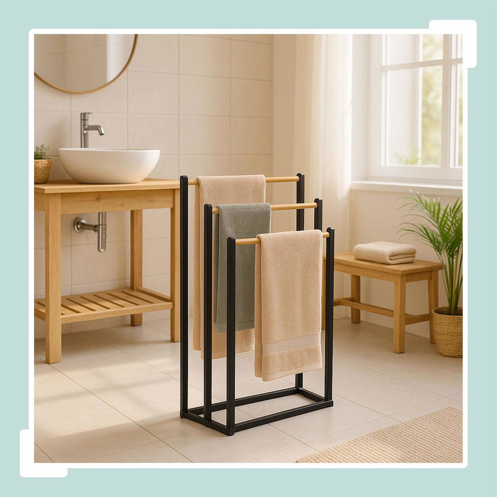 Fristående handdukshängare – 3 stänger, metall- och bambudesign | Hem & Hobby | Pryloteket