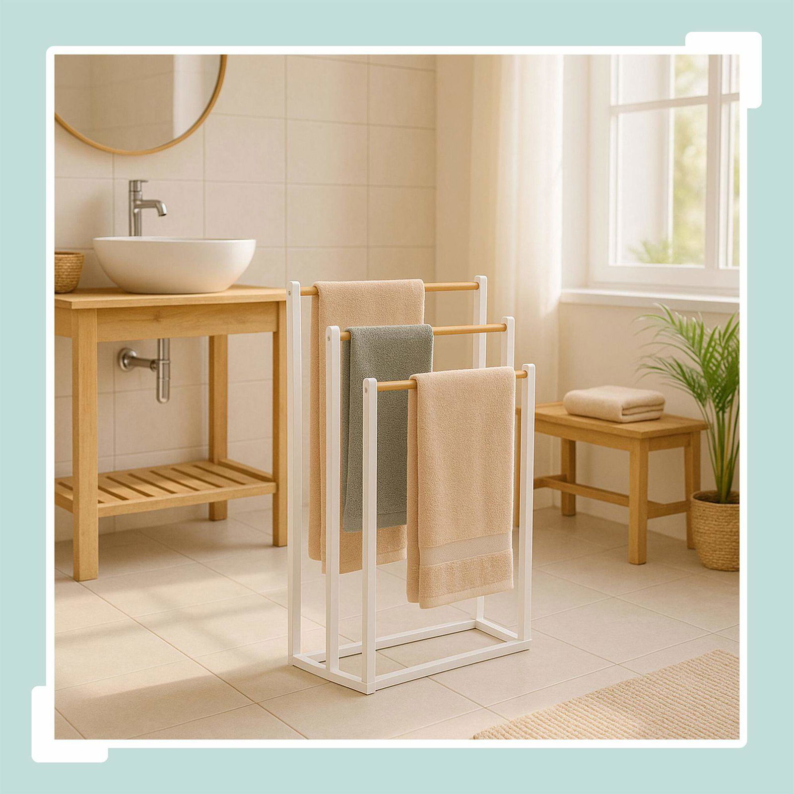 Fritstående håndklædestativ – 3 stænger, metal og bambus